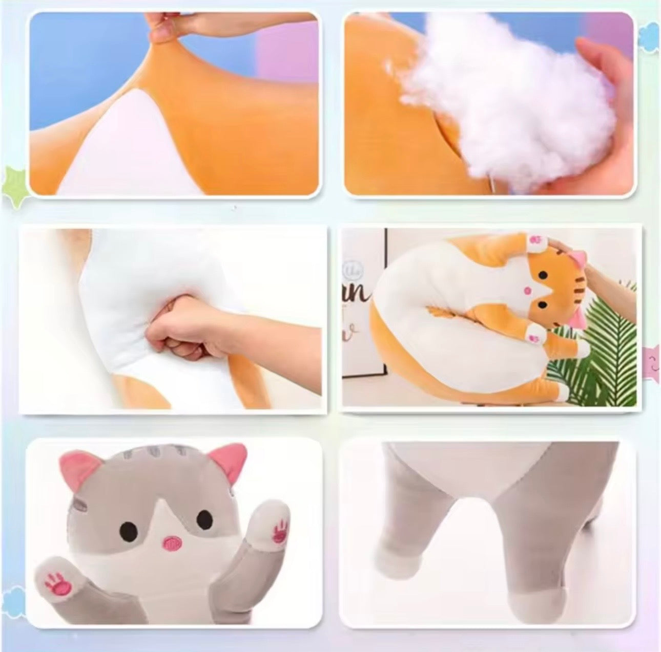 19 Inch Cute Kawaii Long Cat Body Pillow, Yellow Soft Plush Cat Throw Pillow